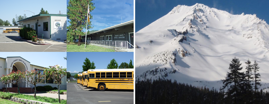From left to right: Columbia School District Office, Trinity County Office of Education building, Mount Shasta covered in snow, Shasta County Office of Education entrance, School buses lined up